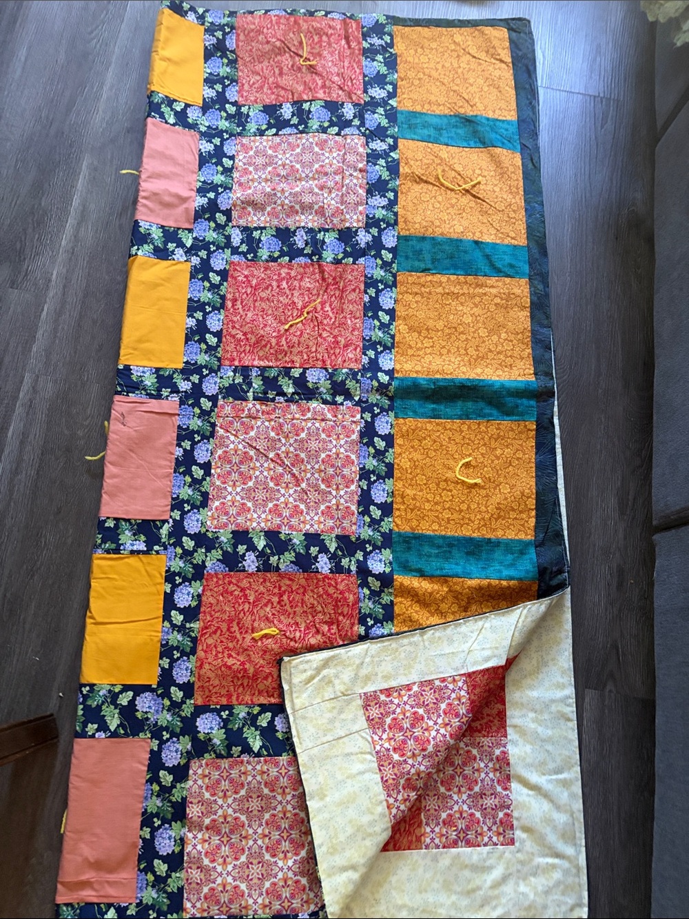 Handmade Multicolor Patchwork Quilt - Red, Yellow, Teal Accents